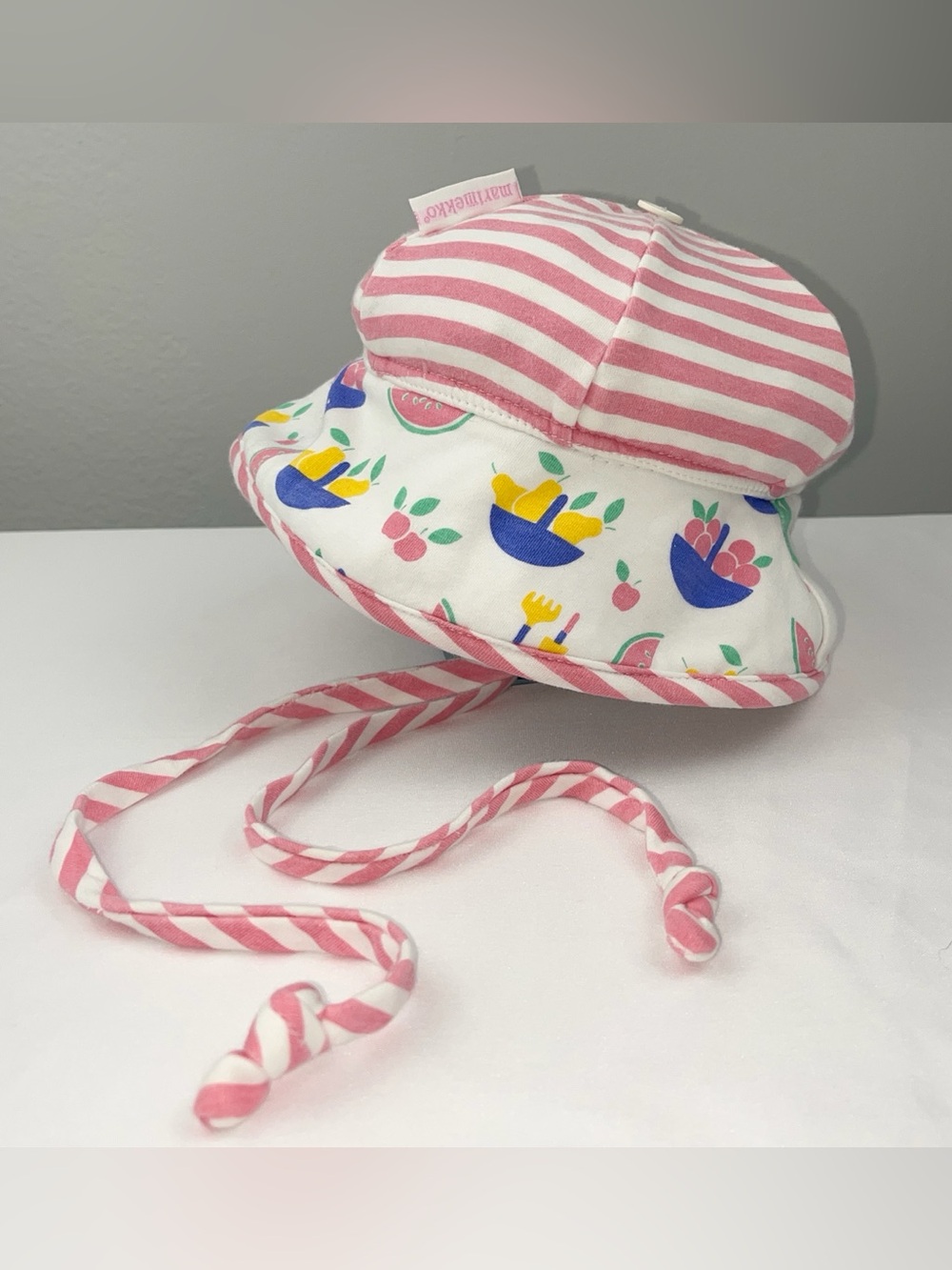 90s Marimekko Cotton Fruit Print Vintage Finnish Striped Bucket Sun Hat Infant